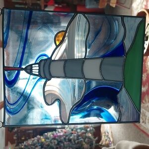 VTG lighthouse stained glass hanging window art beacon leaded suncatcher